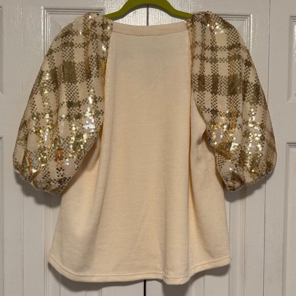 THML Anthropologie Pure Love Cream Top Shirt Sequin Puff Sleeve Gold - Picture 3 of 6